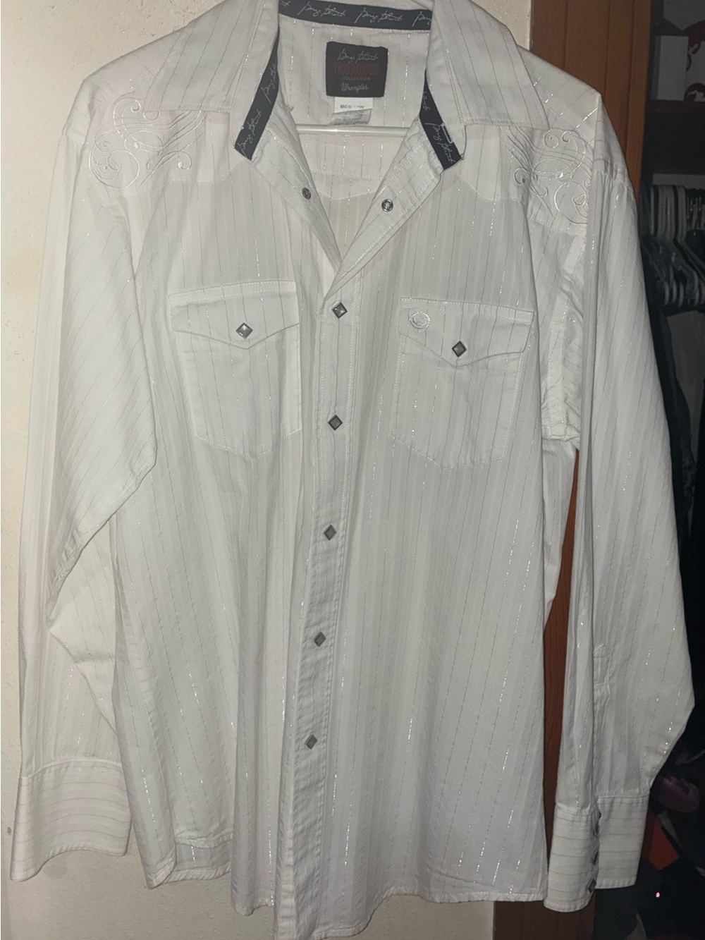 Wrangler George Strait Troubadour White Long Sleeve Diamond Pearl Snap Shirt - L